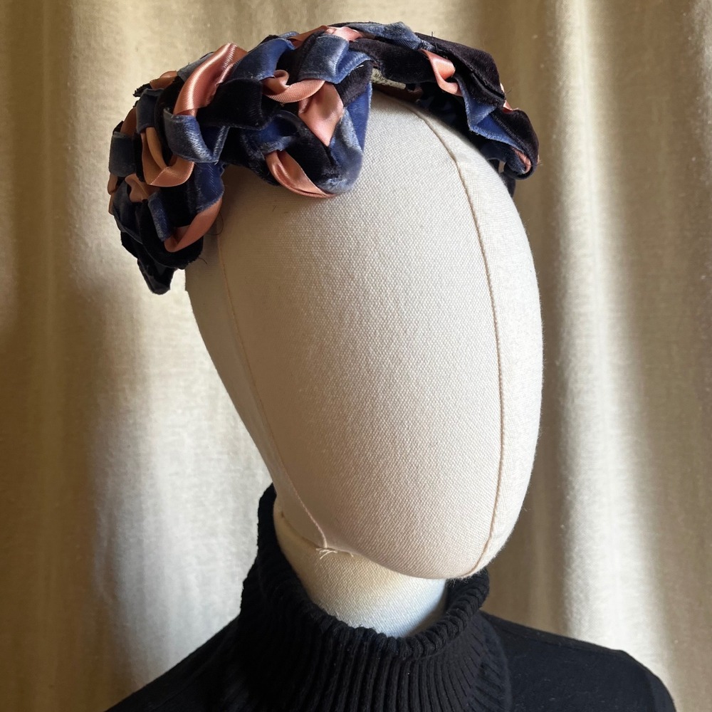 Vintage Woven Velvet Ribbon Halo Hat Pink Blue Navy‎ Cocktail Fascinator